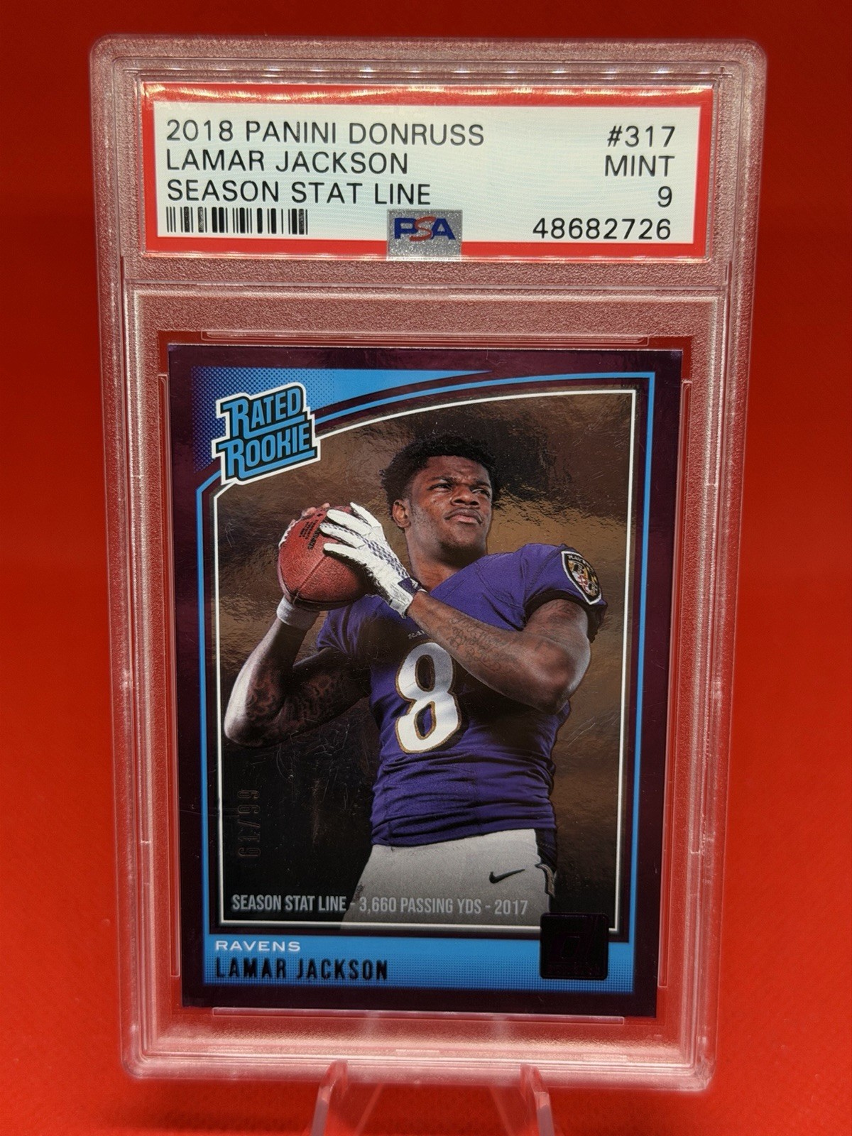 Panini Donruss 2018 Lamar Jackson Rated Rookie Season Stat Line #317 /99 PSA 9 view 1