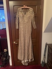 Champagne Mesh Sequin Lace Hi-Low Maxi Gown V-Neck 3/4 Sheer Sleeve Formal Dress