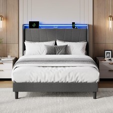 Queen Size Bed Frame with Charging Station and LED Lights Upholstered Headboard