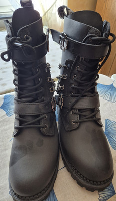 Rammstein Biker Stiefel Leder schwarz Metallbeschläge Ketten Reißverschluss 42