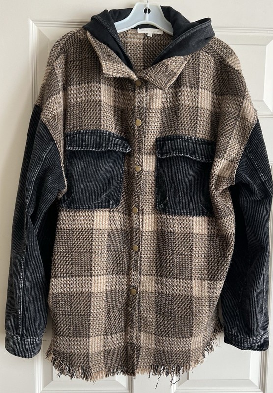 BUCKLE Gilded Intent Hooded Shacket Jacket Corduroy Plaid Twill SNAP Women’s L