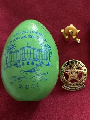 BUSH 2001 WHITE HOUSE EASTER  GREEN EGG +2 PINS SHERIFF  + W REPUBLICAN GOP