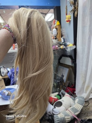 7JHH Wigs Light Blond Straight Synthetic Wig 26in Classic Cap Heat-Resistant