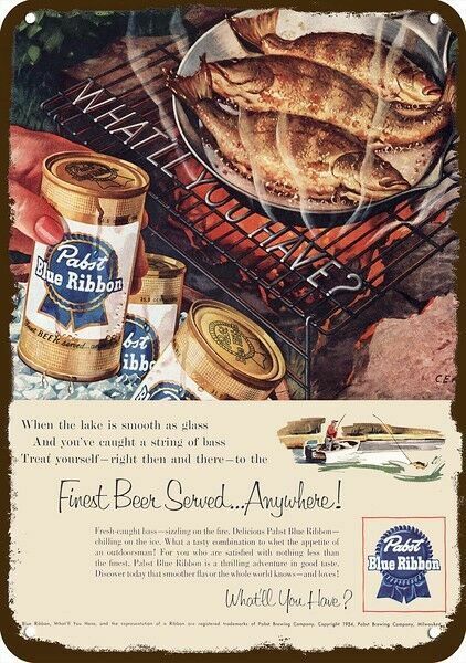 1954 PABST BLUE RIBBON BEER & Bass Fish Vintg-Look DECORATIVE REPLICA METAL SIGN 1954 PABST BLUE RIBBON BEER & Bass Fish Vintg-Look DECORATIVE REPLICA METAL SIGN