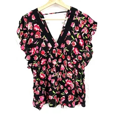 NEW DR2 crepe v-neck floral retro pink black top blouse flutter sleeve S