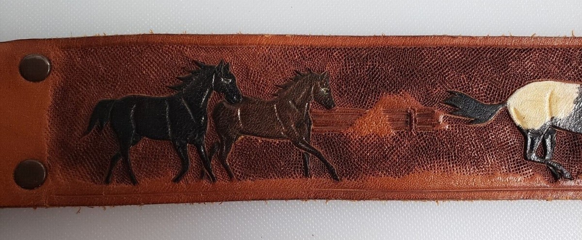 Vintage tooled leather belt detailed painted running horses size 34 Vintage Tooled Leather Belt With Horse Buckle 34 - Etsy main image 4