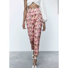 Zara Printed High-Rise Trouser Pants Tapered Leg Floral valentine pink Sz XL