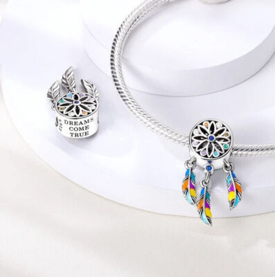Dreams Come True Regenbogen Traumfänger Feder Geist Charm 925 Sterling Silber