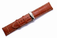20 22 24mm Brown/White Croco Embossed Leather Watch Band W/ Push Button Clasp