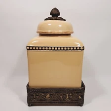 Gracious Goods Acanthus Leaf Yellow 12" Canister/Cookie Jar with Metal Base