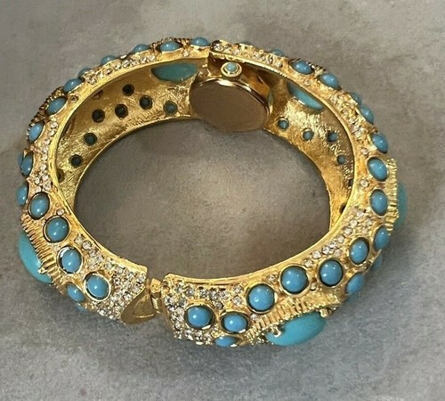 Vintage Bonheur Hidden Watch Cuff Gold With Blue & Clear Stones Stunning - Picture 5 of 12