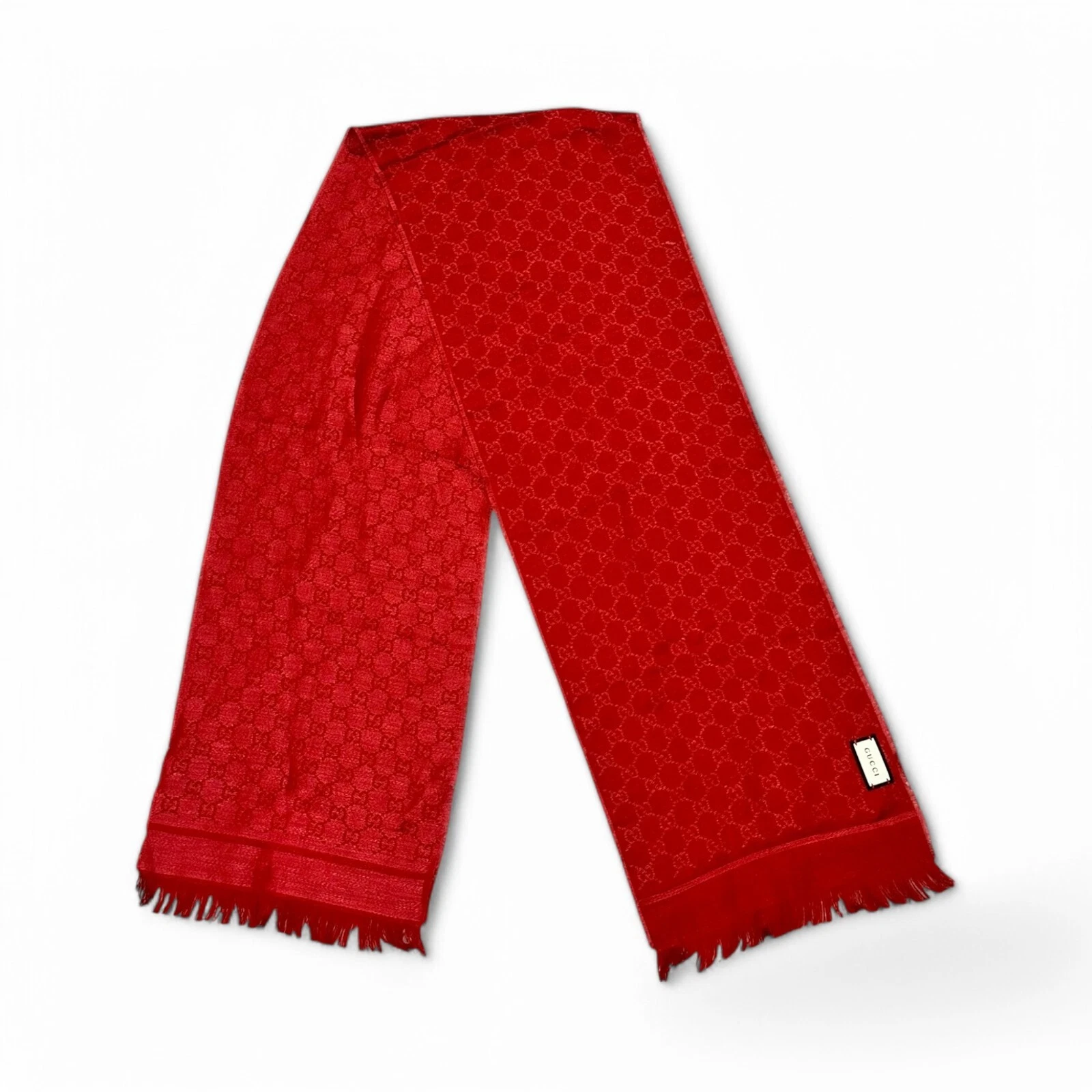 Authentique écharpe Gucci GG logo monogramme rouge laine frangée