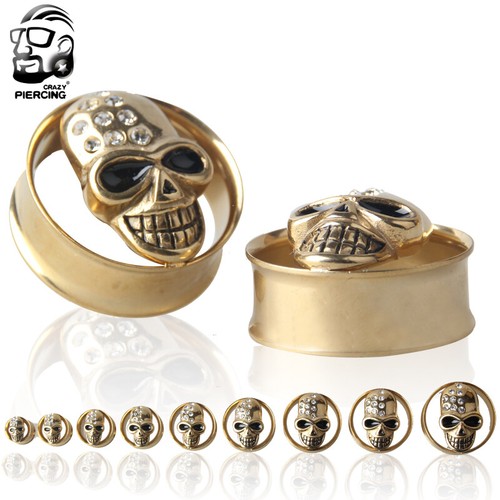 Halloween 10-25mm Crystal Skull Ear Plugs Flesh Tunnel Gauges Stretcher Piercing - Picture 4 of 6