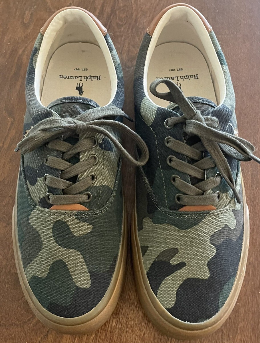 Polo Ralph Lauren Solomon Embroidered Camouflage Sneakers Men Size 7.5 D POLO Ralph Lauren THORTON Leather TRIM Dark CAMO Canvas  main image 2