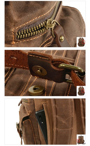 Vintage Water Resistant Waxed Canvas Flap Drawstring Backpack Day Travel Hiking - Picture 10 of 16