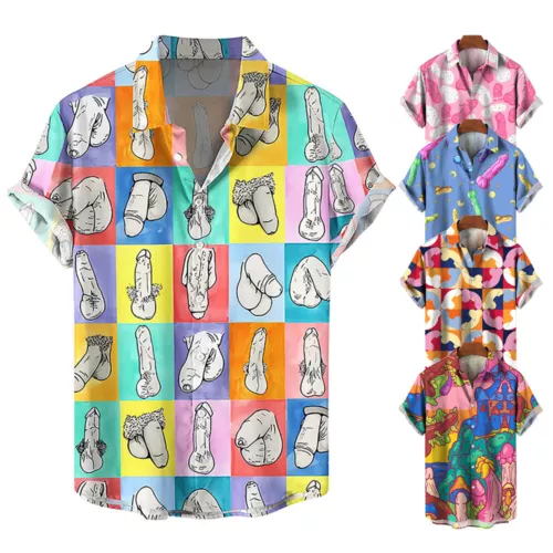 Mens Novelty Button Shirt Fun 3D Printed Short Sleeve T-Shirt Hawaiian Beach-Top - Picture 1 of 17