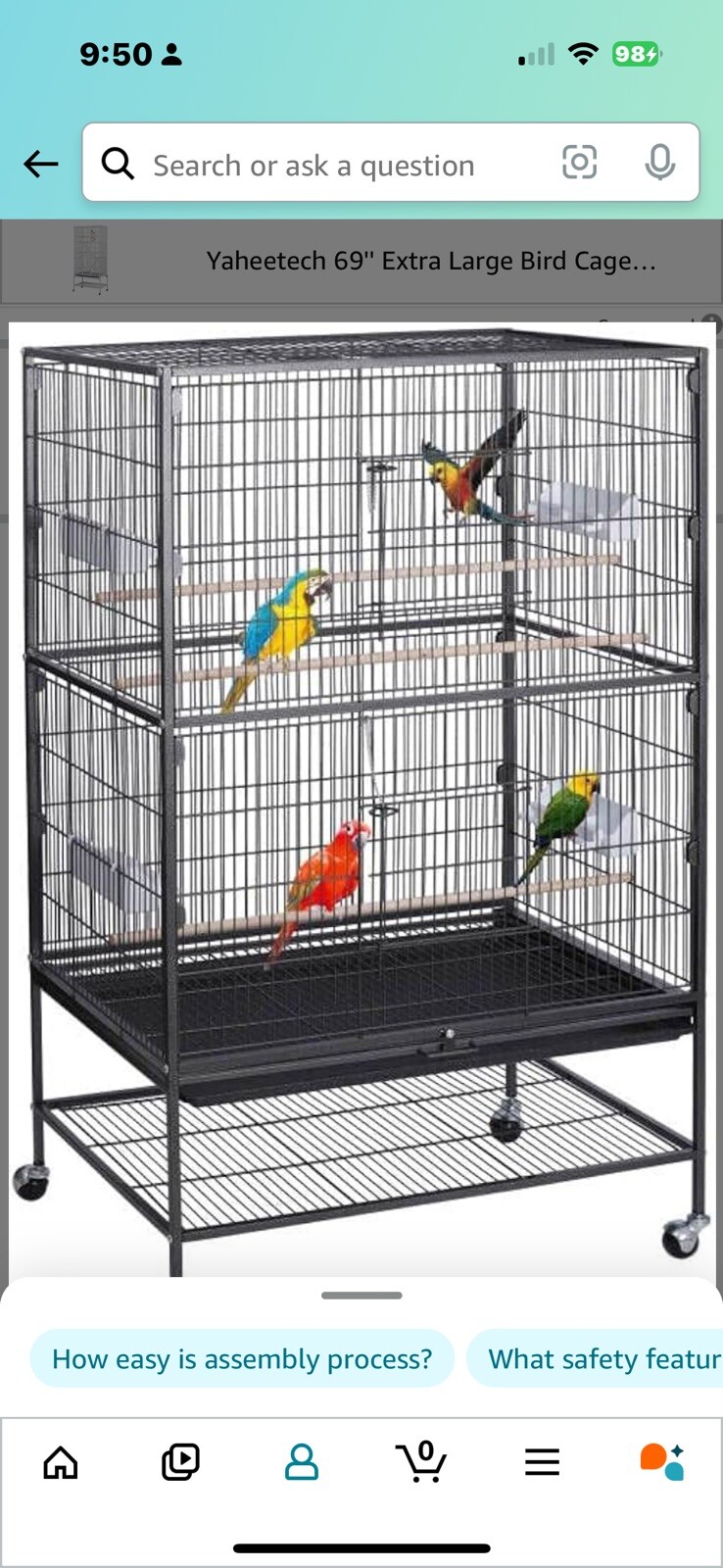 Segawe 53" Negro Loro Jaula Pájaro para Cacatúa Periquito Pinzón Playtop Gimnasio Percha