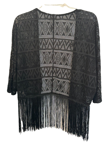 Cato Misses Small Cardigan Open Geometric Print Black Fringe Hem Boho Style - Picture 2 of 3