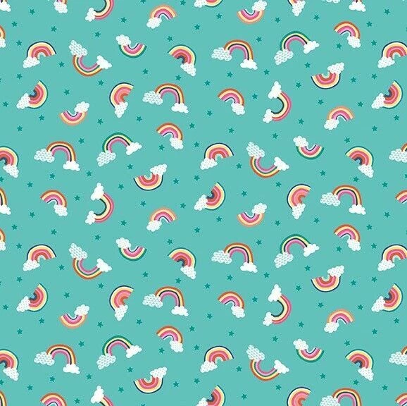 MAKOWER Fat Quarter Rainbow Daydream Regenbogen auf blau 100% Baumwolle Steppstoff