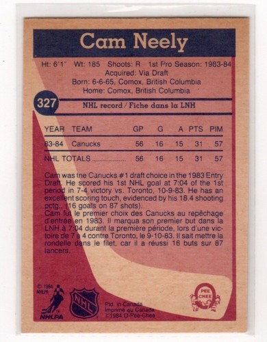 1984-85 O-Pee-Chee #327 Cam Neely RC Rookie Hockeykarte - Bild 2 von 2
