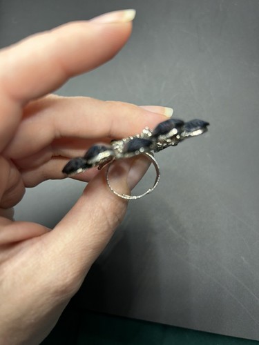Peacock Statement Ring Adjustable Black Rhinestone Bird Silver Tone - Picture 5 of 6