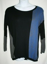 DKNY Jeans Misses MEDIUM Pullover Tunic Sweater Blue Gray Black Stripe Cotton