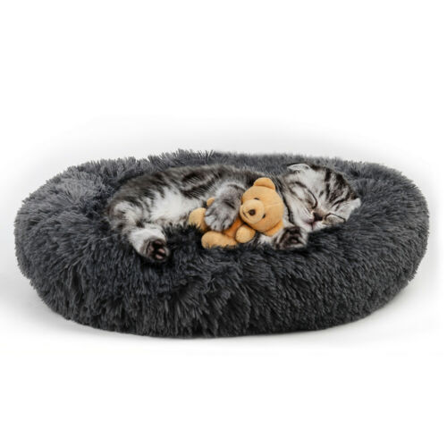 Dog Bed & Cat Bed Round Plush Warming Cozy Soft Pet Beds for Kittens Puppy Grey - Picture 9 of 9