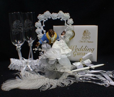 Disney Beauty And The Beast Wedding Cake Topper Lot Glasses Server Set Book Top Ebay