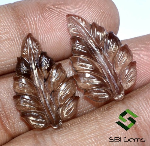 14.78 CTS Natural Smoky Quartz Handmade Carving Pair 25x16 mm Leaf Shape Gems - Picture 5 of 7