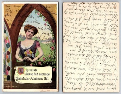 Vintage 1909 ''A Summer Girl'' Postcard - Edwardian Era Woman & Flowers Posted