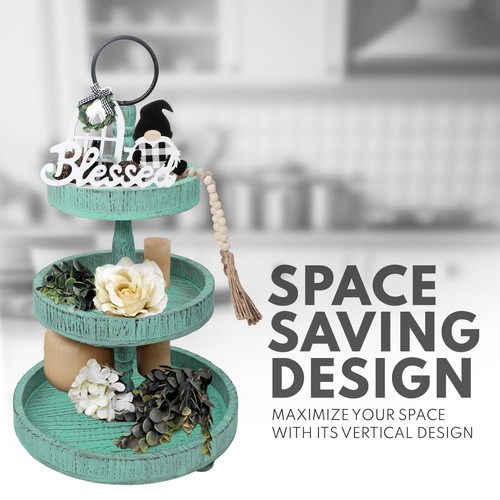 Adjustable 3 Tier Tray Stand With Farmhouse Decor - Teal Decorative Trays, Cu... - Picture 4 of 6