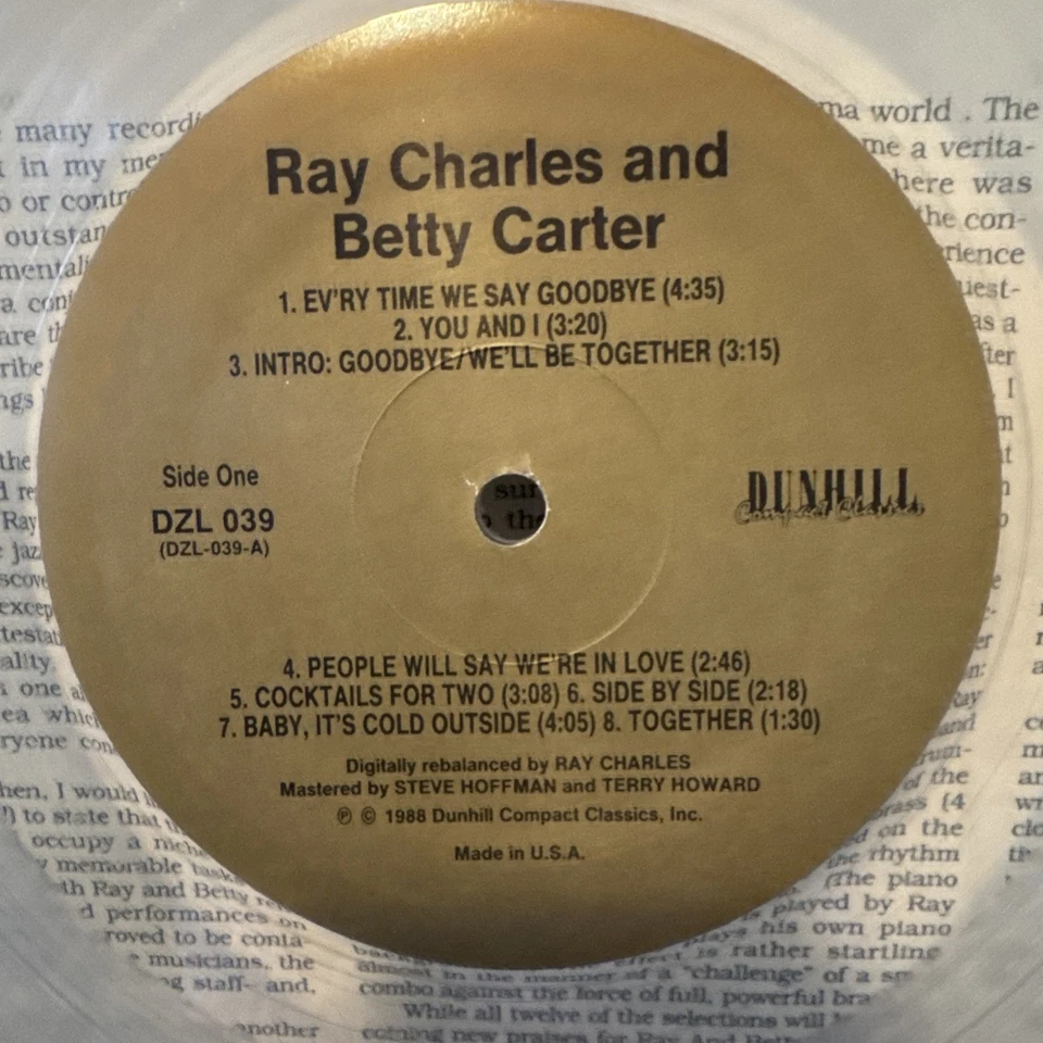 Audiophile 180g DCC Clear Vinyl Ray Charles and Betty Carter NM Play Tested - Image 2 of 4