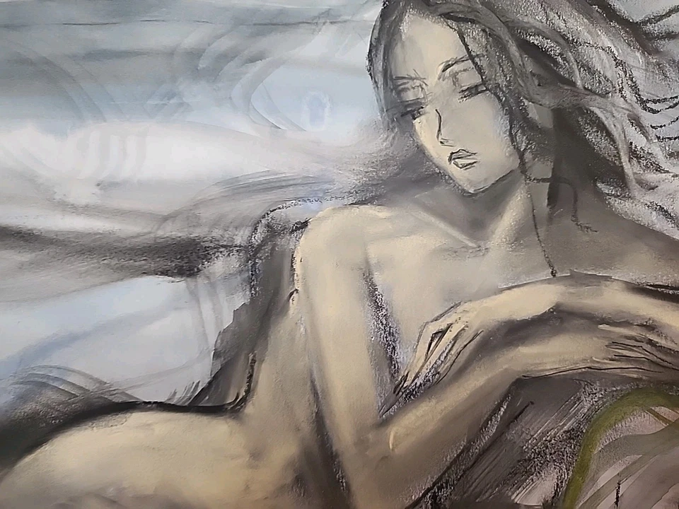 CRAMOLINI Mermaid Beauty Aquarela Pastel Carvão Desenho ARTE ORIGINAL Não Uma Estampa - Imagem 3 de 4