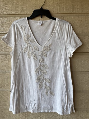 Jones New York Damen V-Ausschnitt Strick Top XL Blattschnitt Stickerei leichtes T-Shirt
