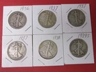 1936, 37, (3) 38, 39-S Walking LIBERTY Half Dollar Silver  Lot of 6 Circulated
