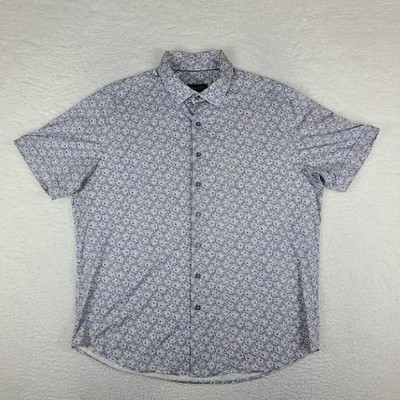 BUGATCHI Shirt Mens XL Blue Tan Floral 8 Way Stretch Preppy Oooh Cotton Tech