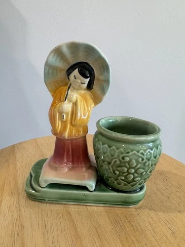 1950’s VTG Shawnee Pottery Asian Geisha Girl Planter Green Basket MCM Decor USA