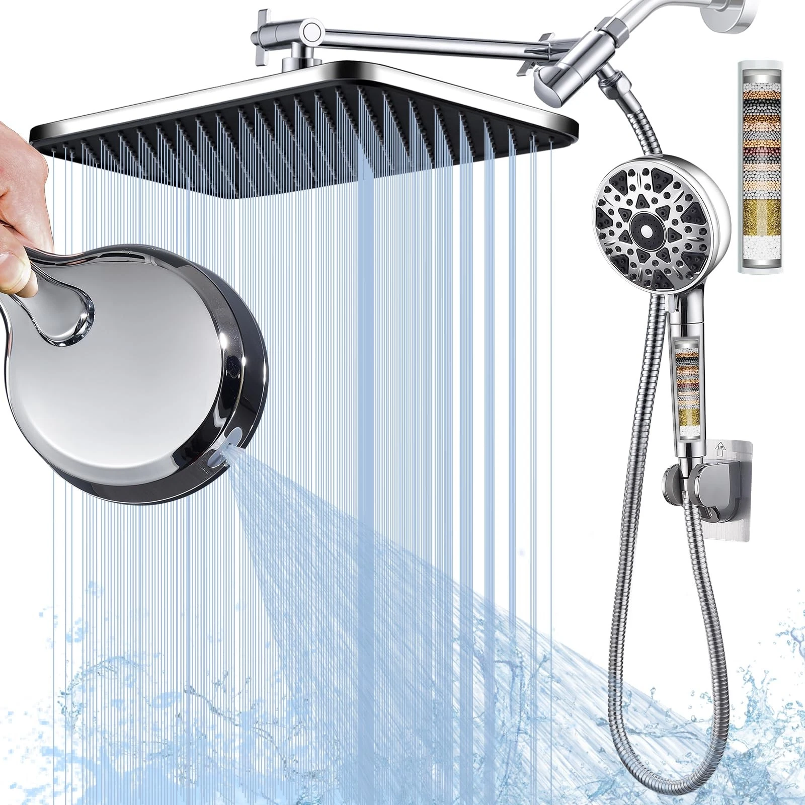 Dual shower Head with Handheld and Filter-14'' Rainfall ShowerHead,High Press...
