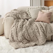 Linen Beige Chunky Knit Throw Blanket for Couch, Thick Warm Cozy Soft Chenille