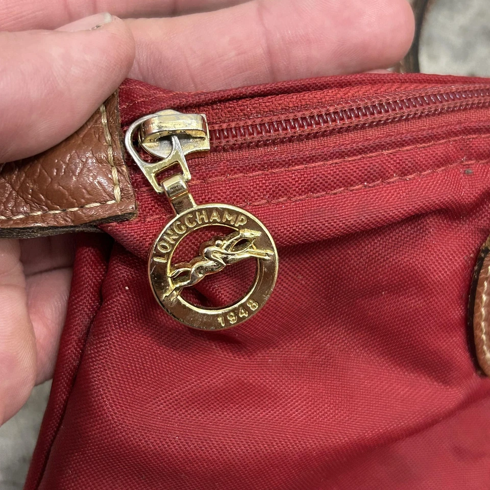 Longchamp Le Pliage Bag Womens Small Red Nylon Tote Leather Trim Made France - Image 4 of 4