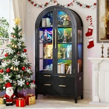 Gurexl 71" Arched RGB Display Cabinet with Glass Doors- 4-Shelves & 2 Drawers