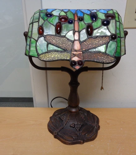 Tiffany Style Vintage Table Desk Lamp Dragonfly Stained Glass Lamp 14" Tall