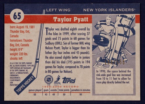 2000-01 Topps Heritage Chrome Parallel #65 Taylor Pyatt #d /555 - Picture 2 of 2