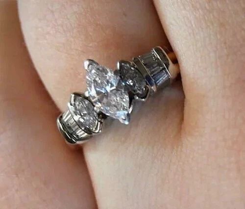 Art Deco Vintage Marquise Lab Created Diamond 925 Silver Wedding Bridal Ring Set - Image 2 of 4