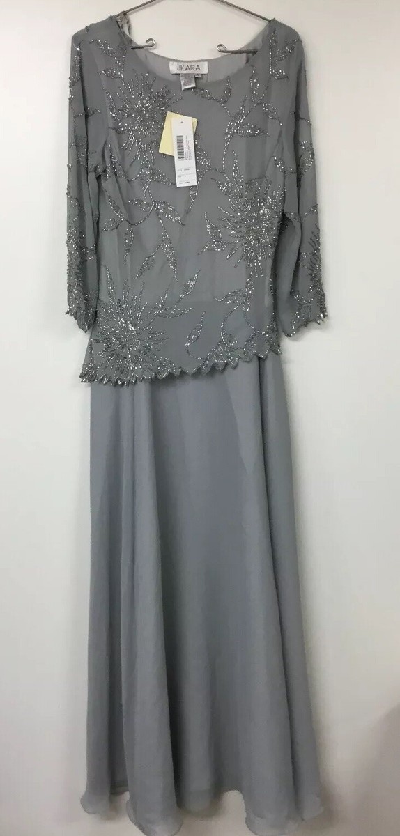 J Kara Women's Petite 3/4 Sleeve Geo Design Long Beaded Gown