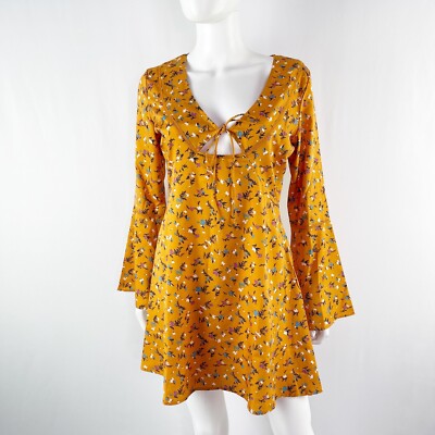 Boohoo Mini Dress Yellow Floral Flare Long Sleeve Size New