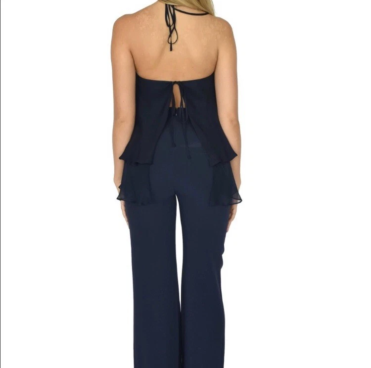 Elizabeth and James Baldwin Silk Chiffon Navy Halter Jumpsuit, Size 2 - Image 2 of 4