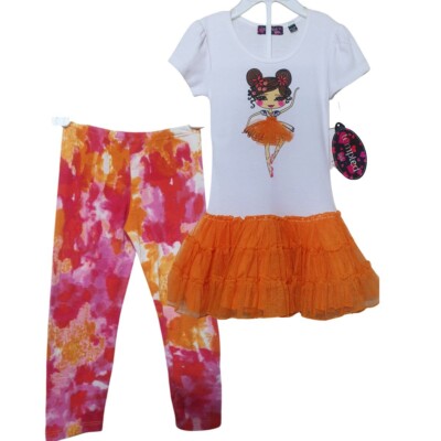 New Cute Girls Ruffle Tutu Tunic Top & Leggings 3T Ballerina Applique Outfit NWT