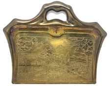Vintage Etched Brass Crumber Crumb Tray Catcher Silent Butler Asian Scene