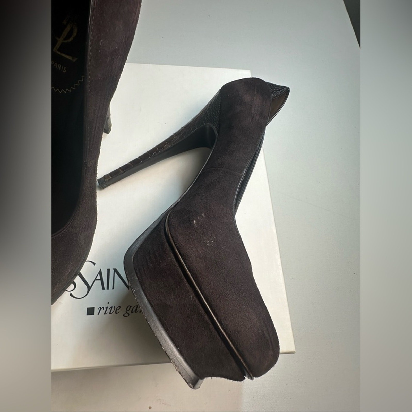 Saint Laurent Tribute YSL 105 scamosciato struzzo plateau tacco misura 7 5 marrone